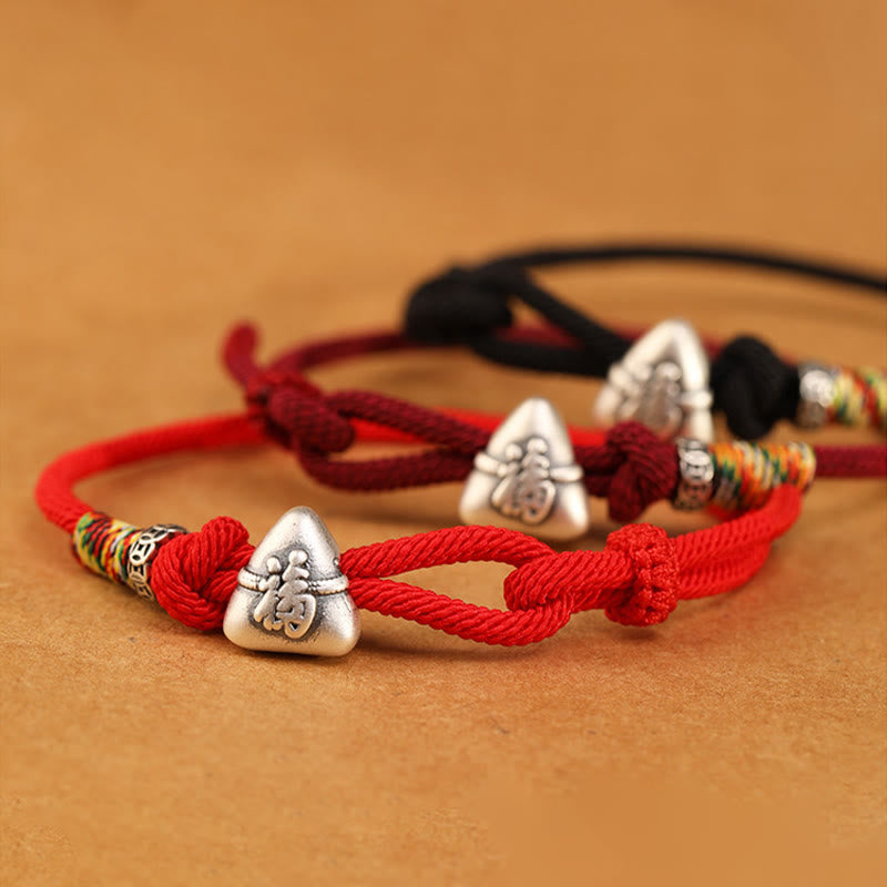 999 Sterling Silver Fu Character Zongzi Fortune Luck Rope Bracelet