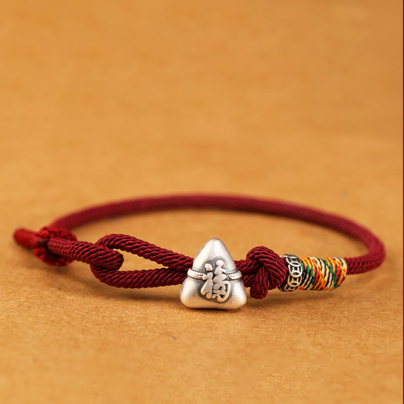 999 Sterling Silver Fu Character Zongzi Fortune Luck Rope Bracelet