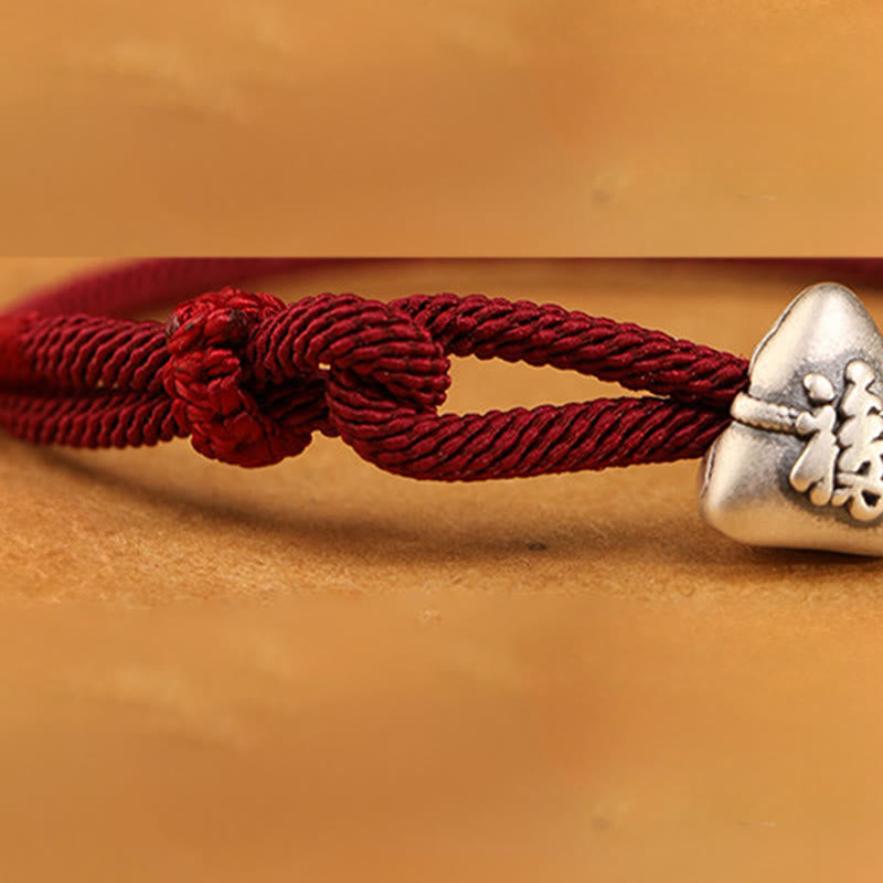 999 Sterling Silver Fu Character Zongzi Fortune Luck Rope Bracelet