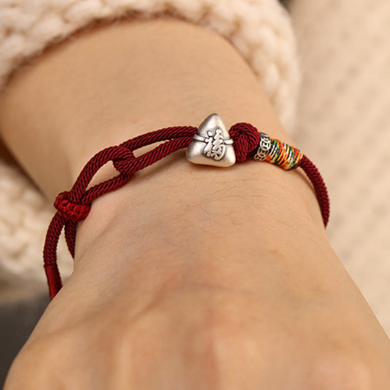 999 Sterling Silver Fu Character Zongzi Fortune Luck Rope Bracelet