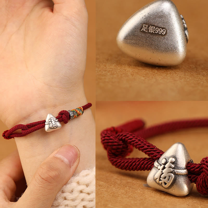 999 Sterling Silver Fu Character Zongzi Fortune Luck Rope Bracelet