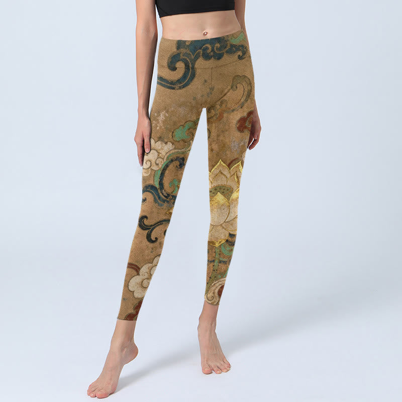 Traditional Lotus Flower Cloud Pattern Print Gym Leggings Women's Yoga Pants