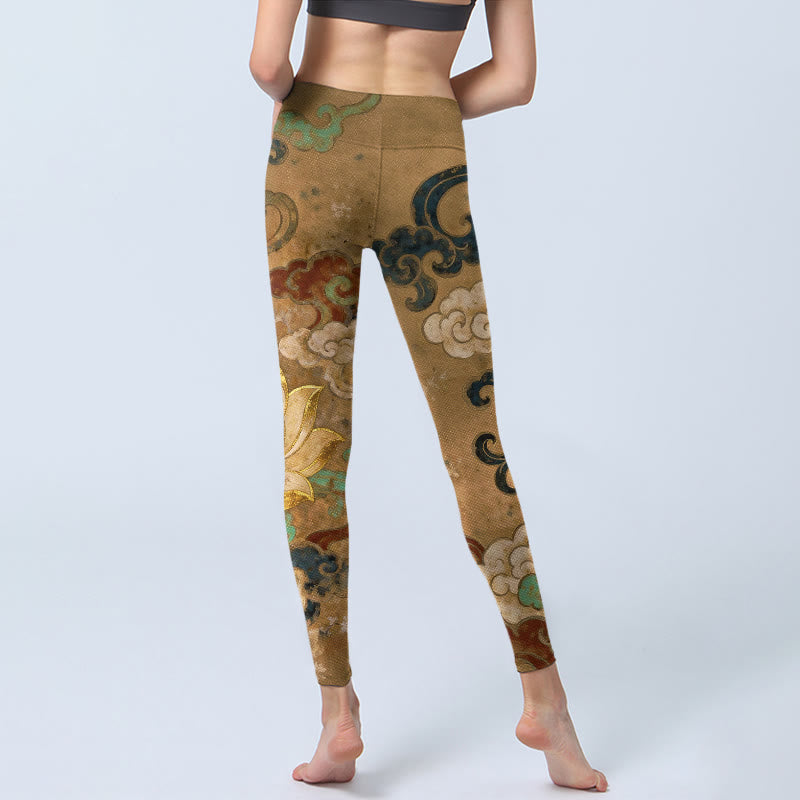 Traditional Lotus Flower Cloud Pattern Print Gym Leggings Women's Yoga Pants