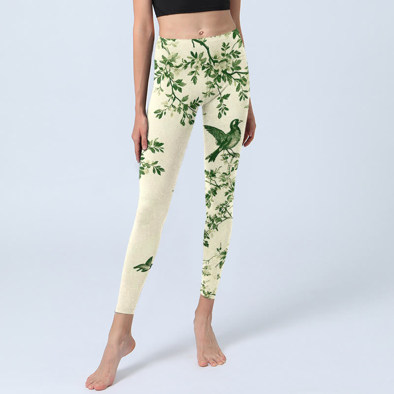 Fresh Tree Flower Leaf Bird Pattern Print Gym Leggings Women's Yoga Pants