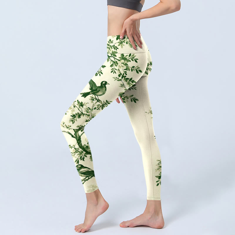 Fresh Tree Flower Leaf Bird Pattern Print Gym Leggings Women's Yoga Pants