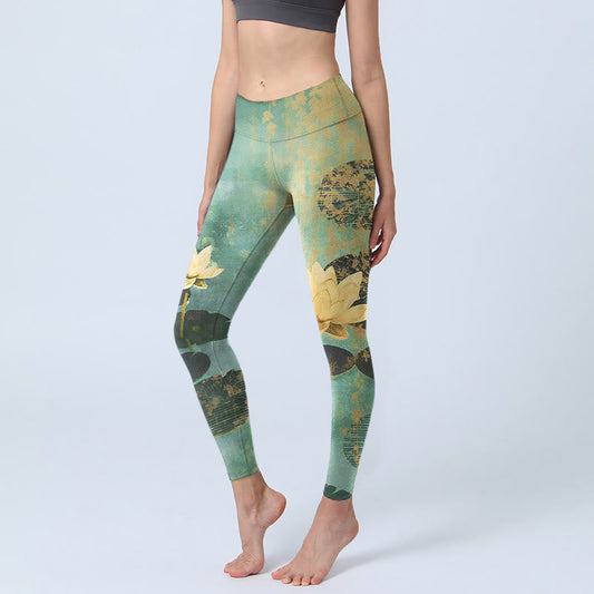 Classical Lotus Flower Leaf Pattern Print Gym Leggings Women's Yoga Pants