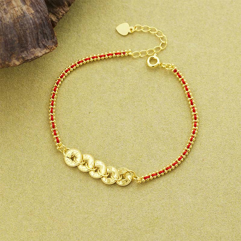 925 Sterling Silver Five-Emperor Coins Red String Balance Bracelet