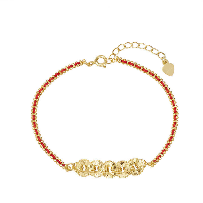 925 Sterling Silver Five-Emperor Coins Red String Balance Bracelet