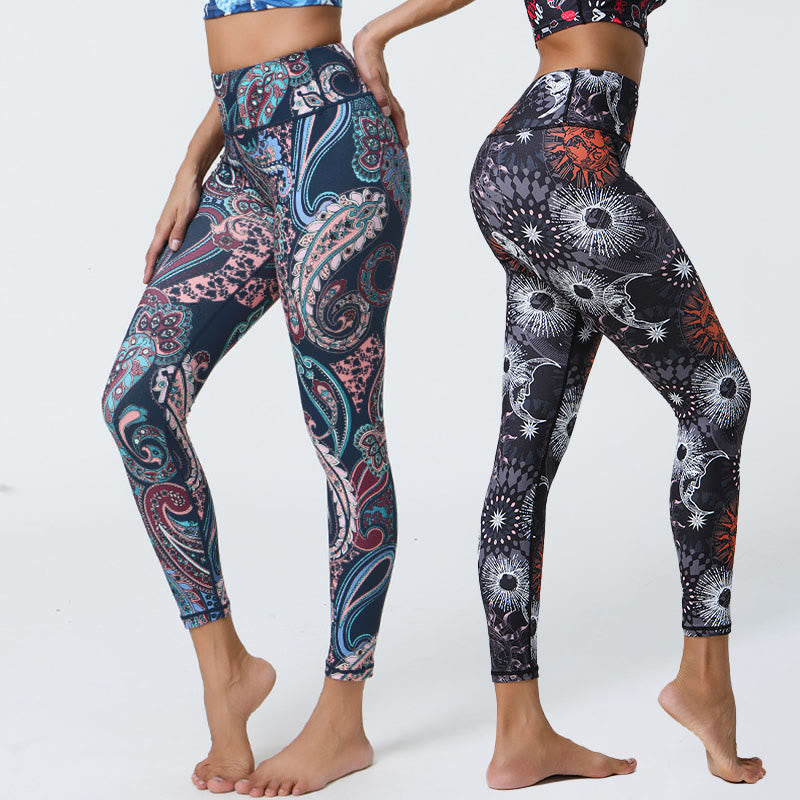 Flowers Feathers Sun Moon Print Sports Fitness Yoga High Waist Leggings Women's Pants