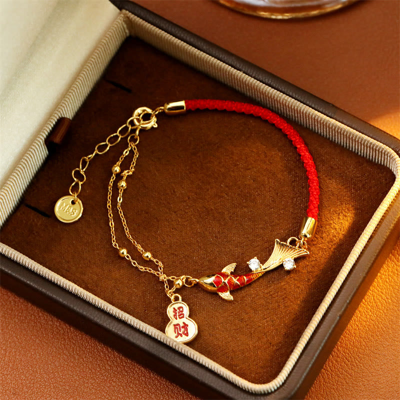 Koi Fish Attract Wealth Gourd Charm Design Red String Luck Bracelet