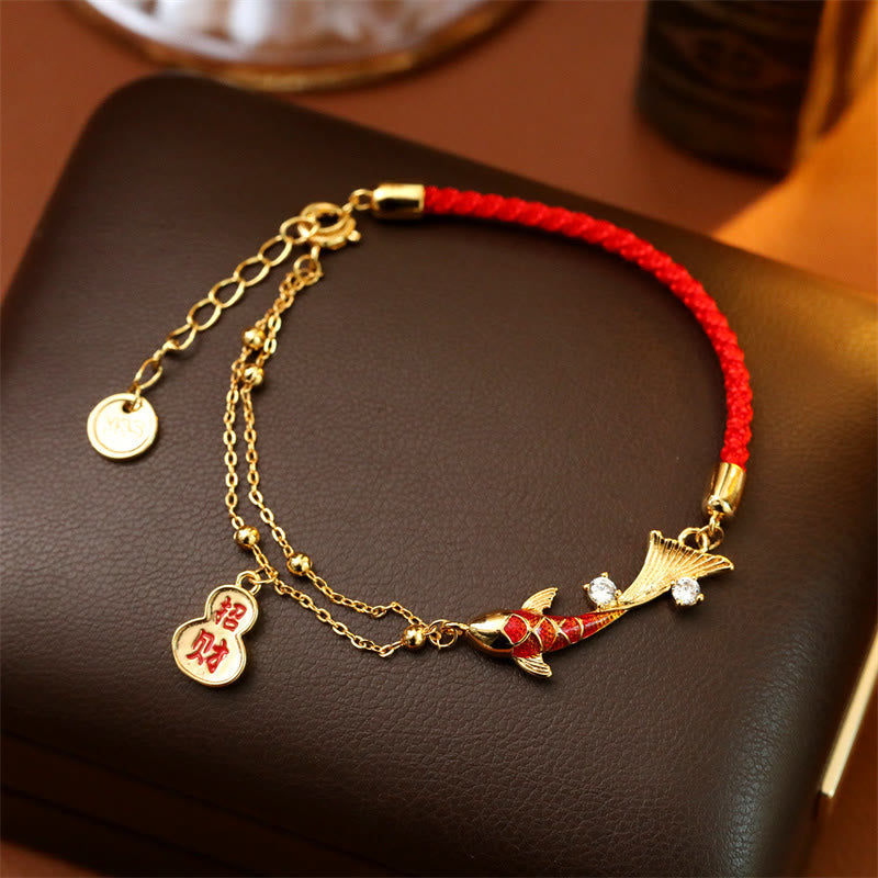 Koi Fish Attract Wealth Gourd Charm Design Red String Luck Bracelet