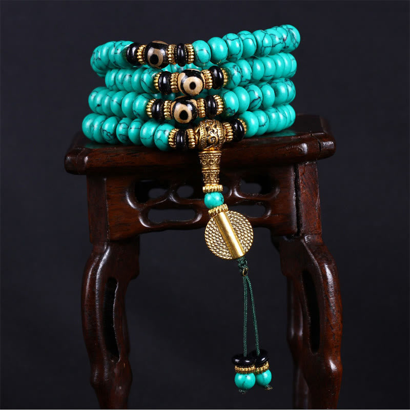 Tibetan 108 Beads Turquoise Dzi Bead Wisdom Balance Mala