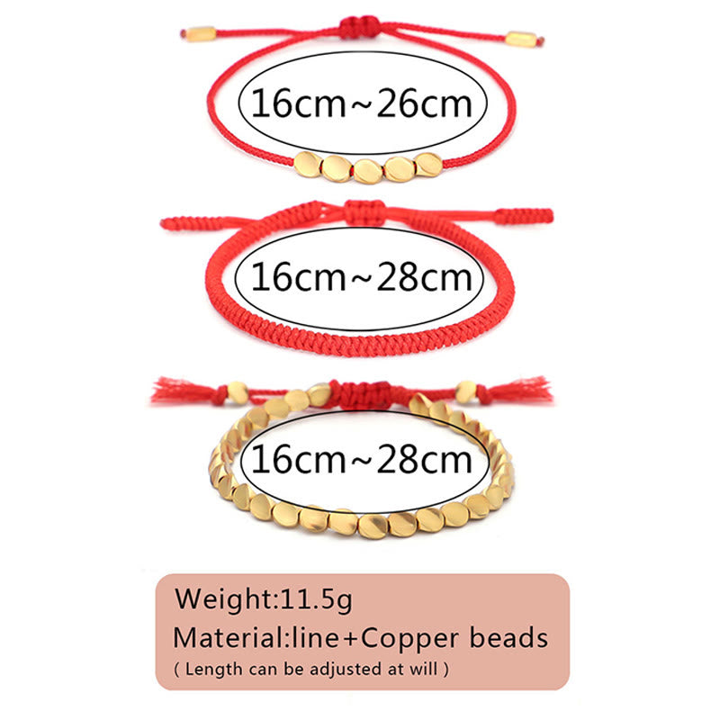 3Pcs Golden Copper Beads Red String Luck Bracelet