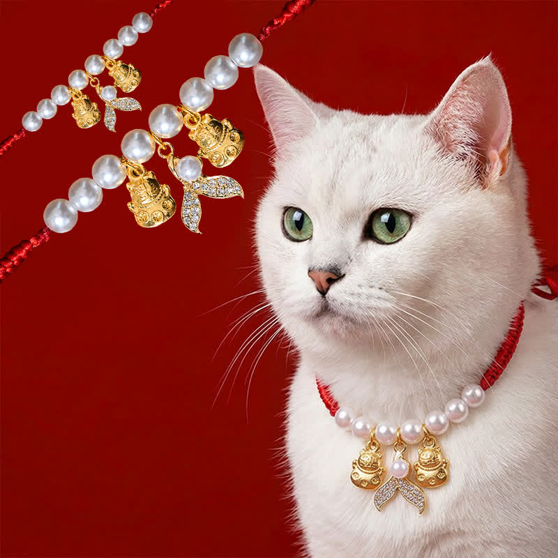 Red String Plaited Pearl Fish Tail Protection Adjustable Cats Pet Collar