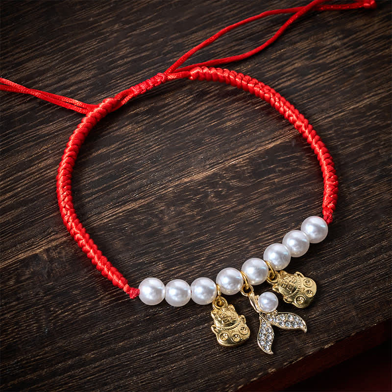 Red String Plaited Pearl Fish Tail Protection Adjustable Cats Pet Collar