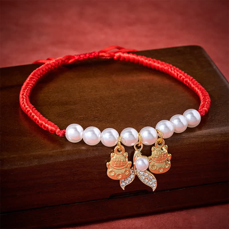 Red String Plaited Pearl Fish Tail Protection Adjustable Cats Pet Collar