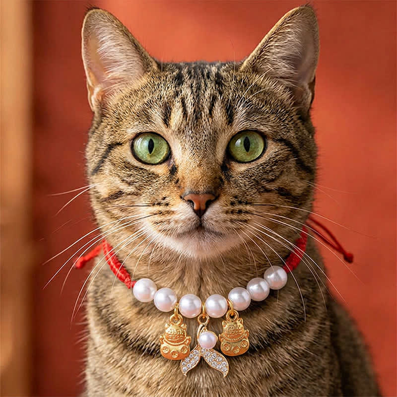 Red String Plaited Pearl Fish Tail Protection Adjustable Cats Pet Collar