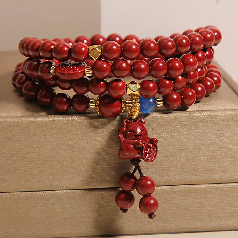 Tibetan 108 Beads Cinnabar Lucky Cat Fu Character Fortune Mala