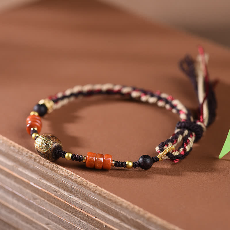 Hand-Woven Red Sandalwood Blessing Braided Tassel Bracelet