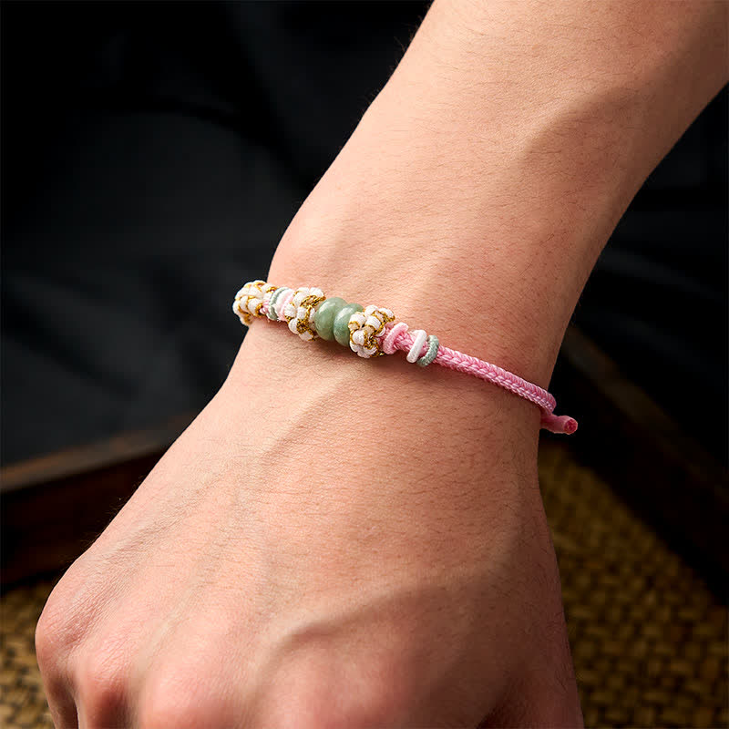 Handmade Braided Chinese Knotting Peach Blossoms Jade Luck Adjustable Bracelet