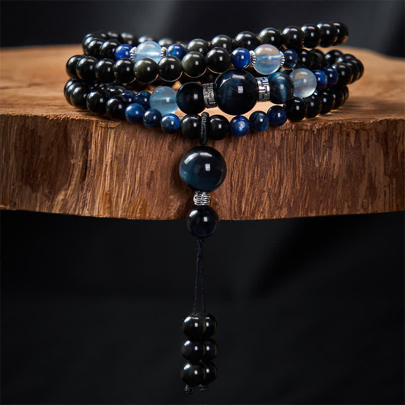 Black Obsidian Protection Handcrafted Round Tassel 108 Bead Mala