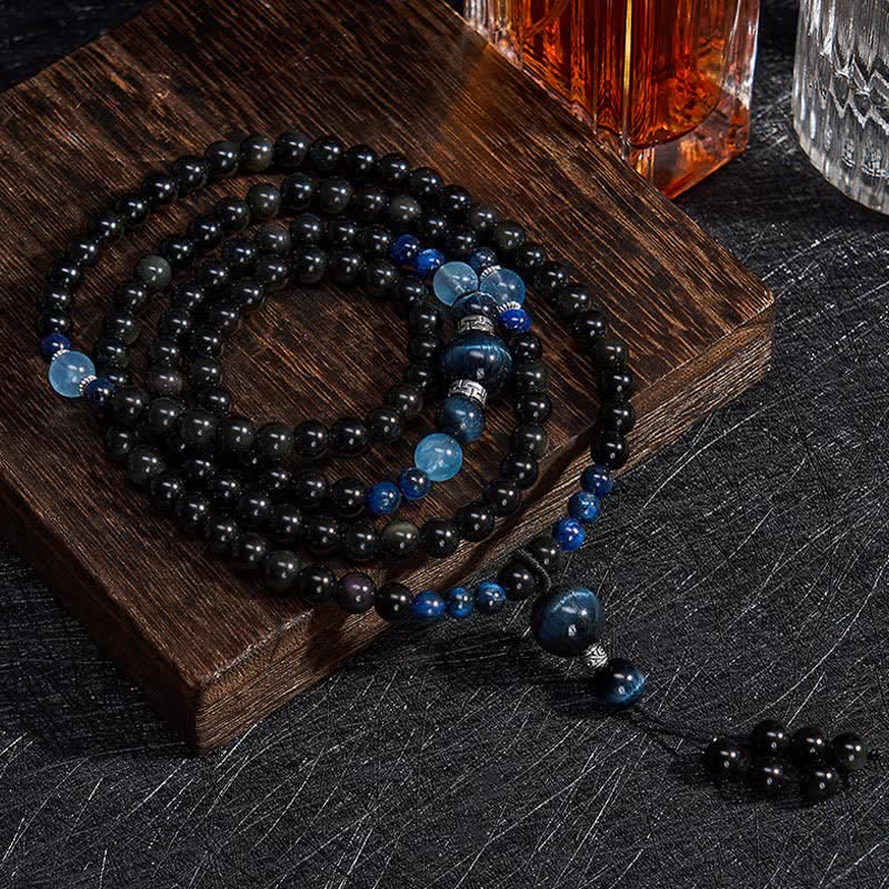Black Obsidian Protection Handcrafted Round Tassel 108 Bead Mala