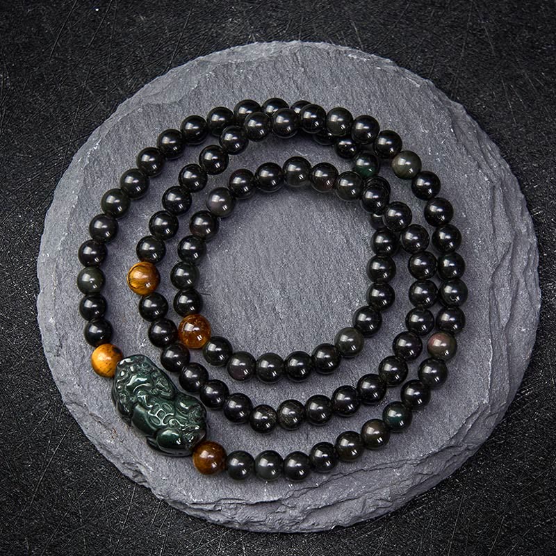 PiXiu Rainbow Obsidian Black Obsidian Wealth Hand Carved Bead Bracelet