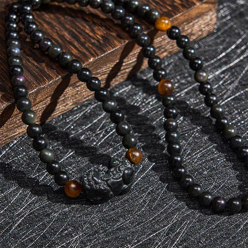 PiXiu Rainbow Obsidian Black Obsidian Wealth Hand Carved Bead Bracelet