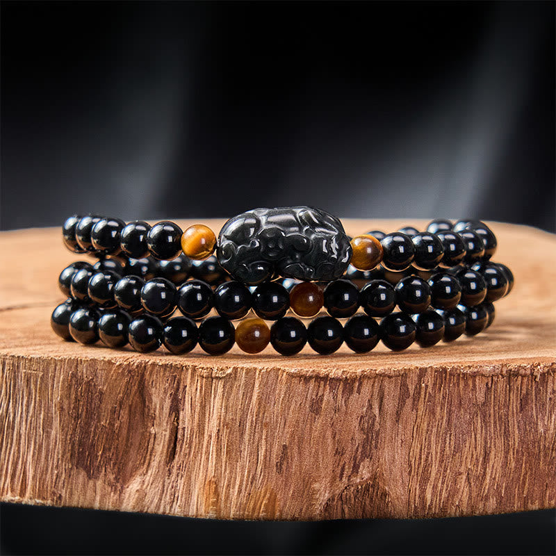 PiXiu Rainbow Obsidian Black Obsidian Wealth Hand Carved Bead Bracelet