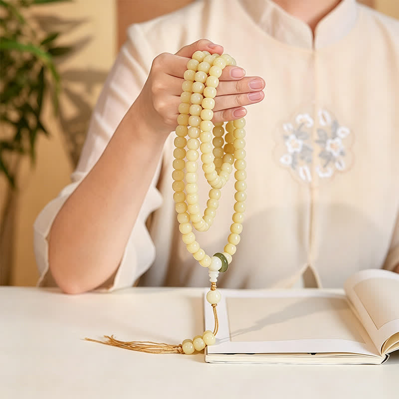 Bodhi Root Lotus Pendant Purity 108 Bead Hand Polished Round Mala