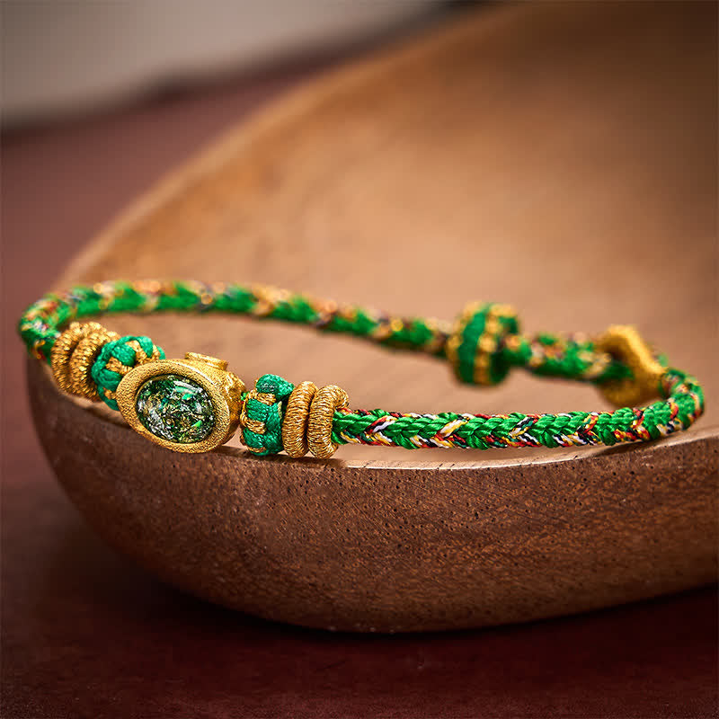 Five Color Hand Woven Green String Green Ingots And Plum Blossom Amulets Protection Adjustable Bracelet