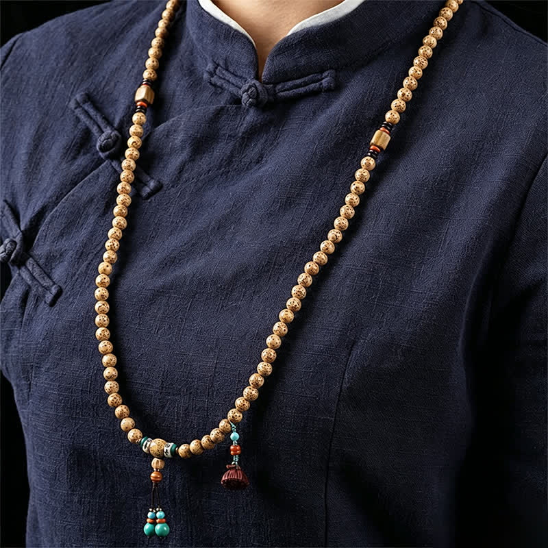 Star Moon Bodhi Seed Lotus Pod Handcrafted Wisdom Round 108 Bead Mala