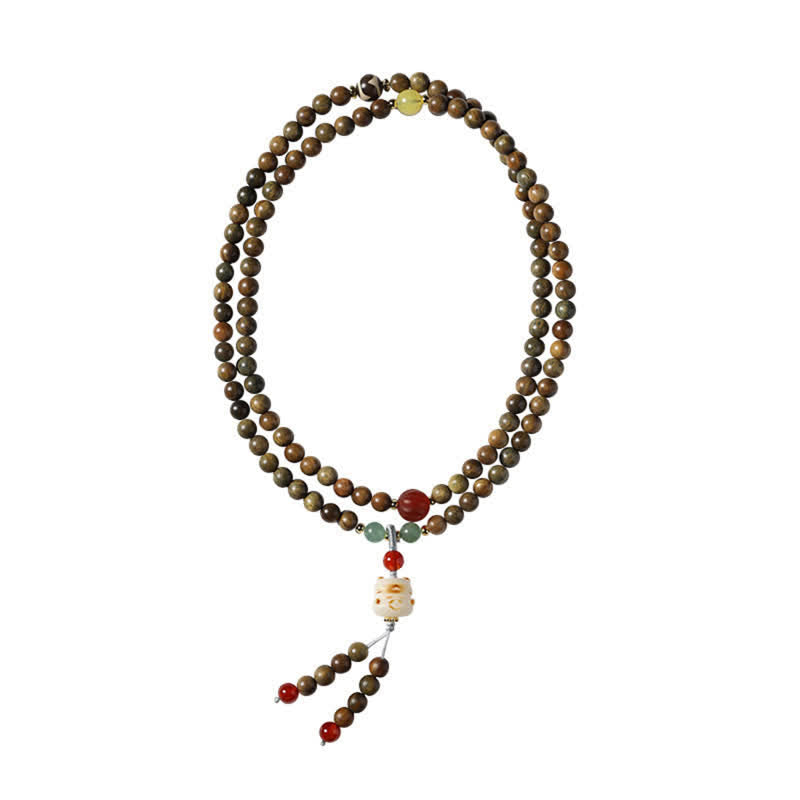 Green Sandalwood Serenity Hand-Woven Cat Charm Retro Ethnic Mala