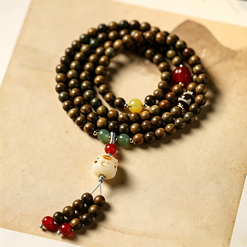Green Sandalwood Serenity Hand-Woven Cat Charm Retro Ethnic Mala