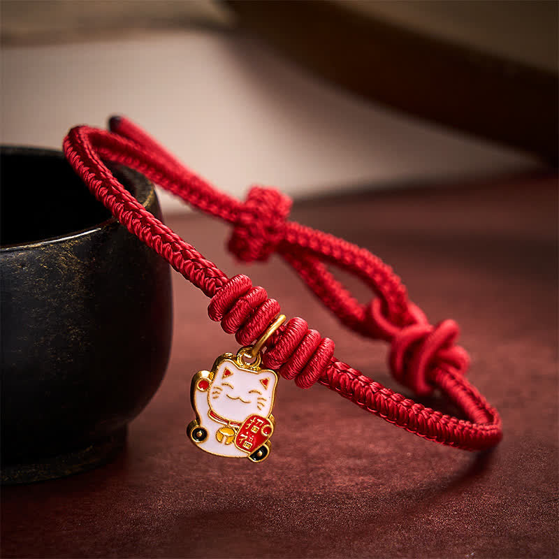 Handmade Braided Red String Lucky Cat Bringing Good Fortune Fu Character Adjustable Bracelet