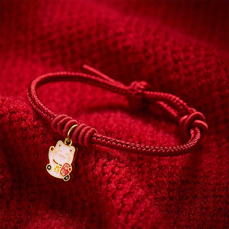 Handmade Braided Red String Lucky Cat Bringing Good Fortune Fu Character Adjustable Bracelet