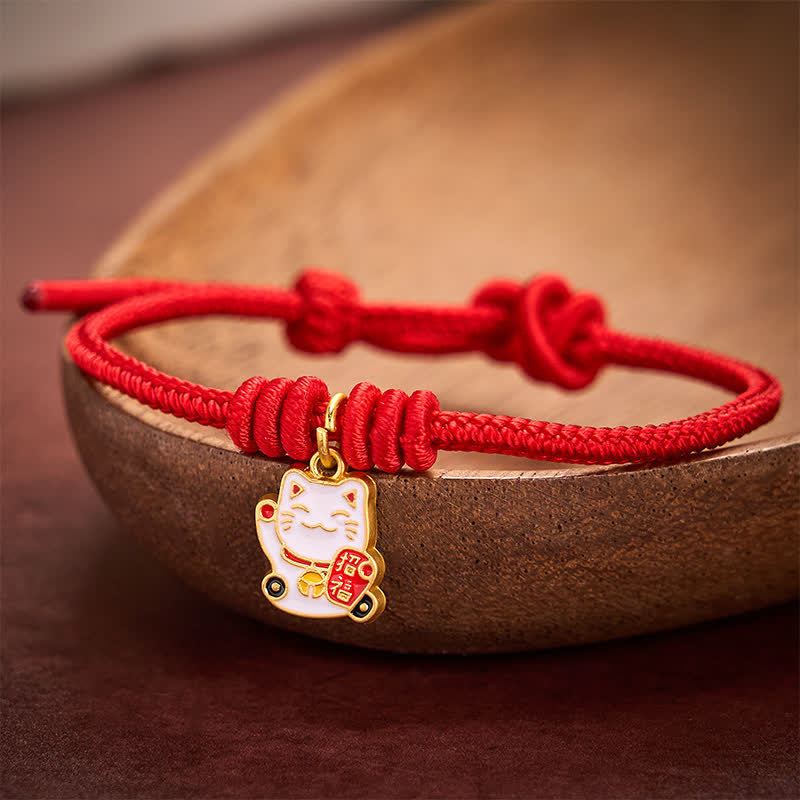 Handmade Braided Red String Lucky Cat Bringing Good Fortune Fu Character Adjustable Bracelet