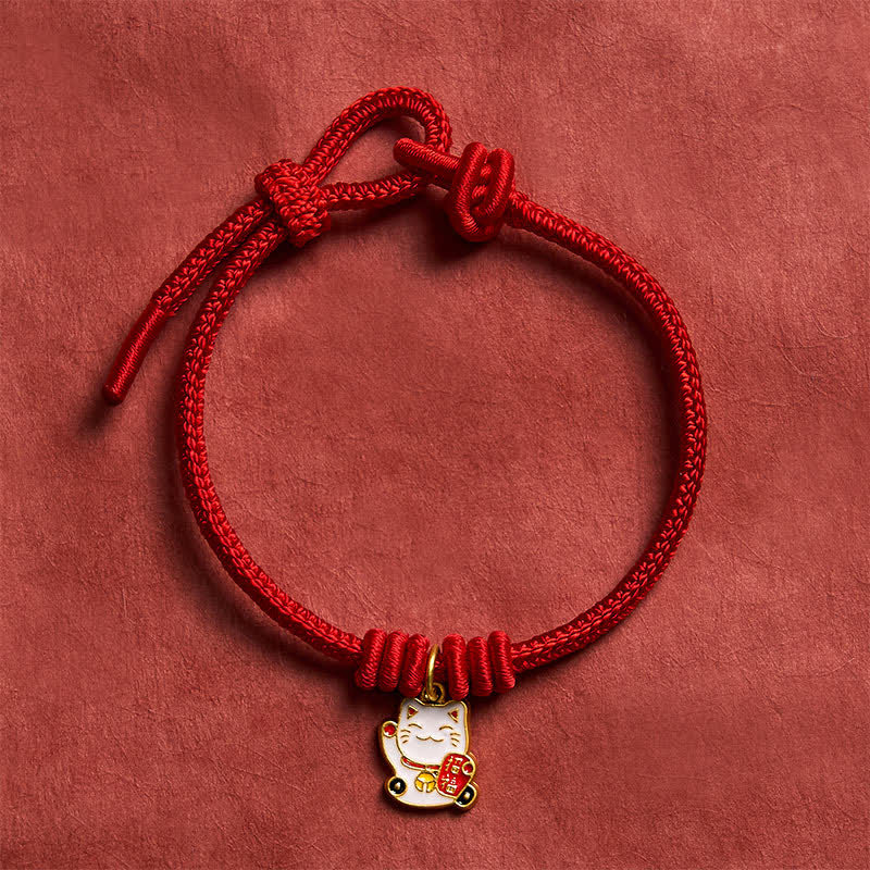 Handmade Braided Red String Lucky Cat Bringing Good Fortune Fu Character Adjustable Bracelet