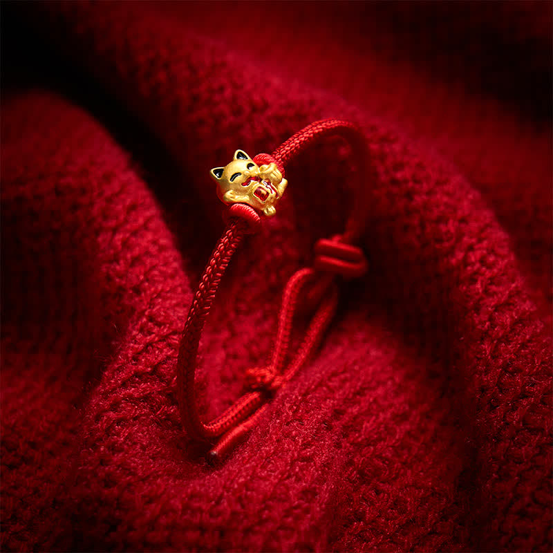 Handmade Braided Red String Golden Lucky Cat Fortune Adjustable Bracelet