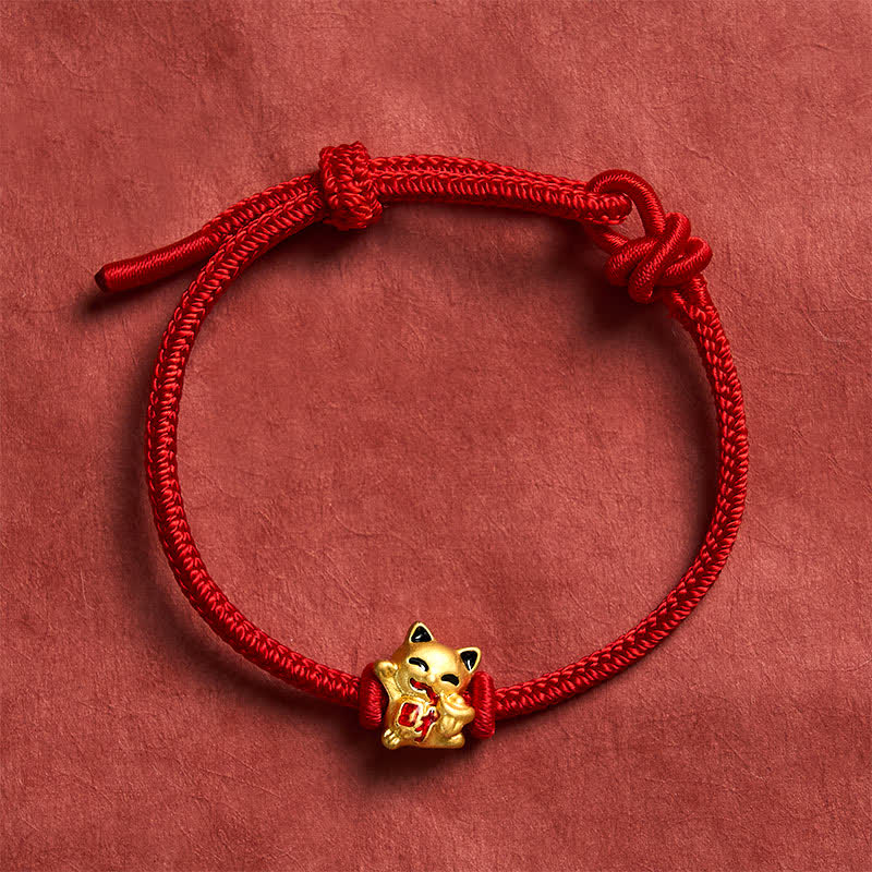 Handmade Braided Red String Golden Lucky Cat Fortune Adjustable Bracelet