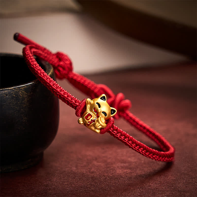 Handmade Braided Red String Golden Lucky Cat Fortune Adjustable Bracelet