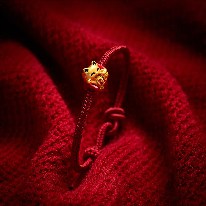 Handmade Braided Red String Golden Lucky Cat Fortune Adjustable Bracelet