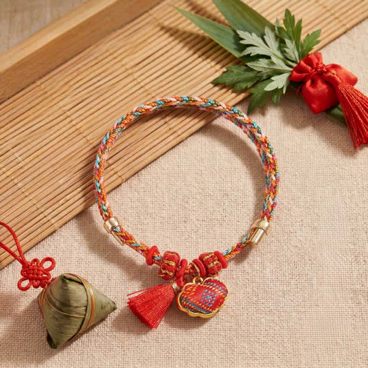 Handmade Five-Color Cord Luck Red Song Brocade Chinese Lock Charm Apple Money Bag Gourd Zongzi Braided Bracelet