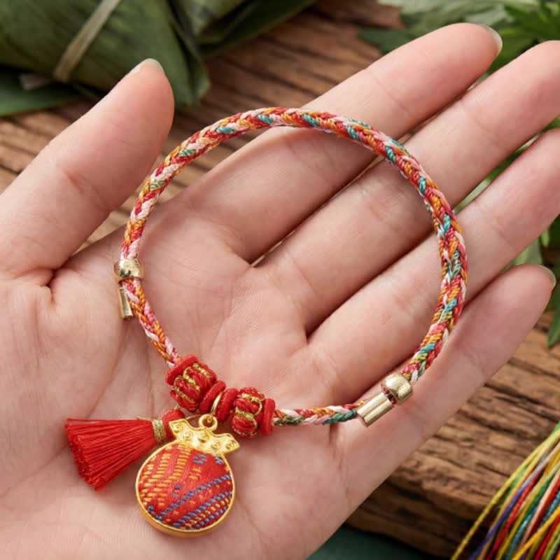 Handmade Five-Color Cord Luck Red Song Brocade Chinese Lock Charm Apple Money Bag Gourd Zongzi Braided Bracelet