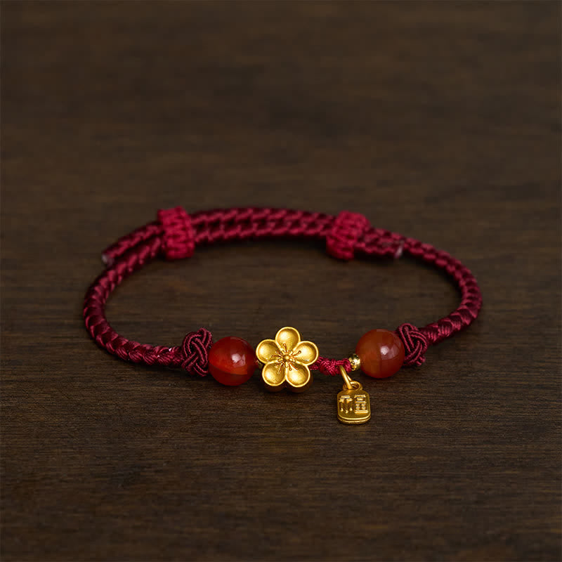 Copper Peach Blossoms Fu Character Good Fortune Red String Charm Bracelet