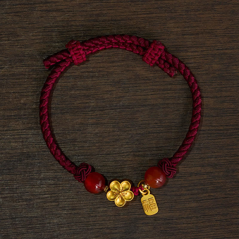 Copper Peach Blossoms Fu Character Good Fortune Red String Charm Bracelet