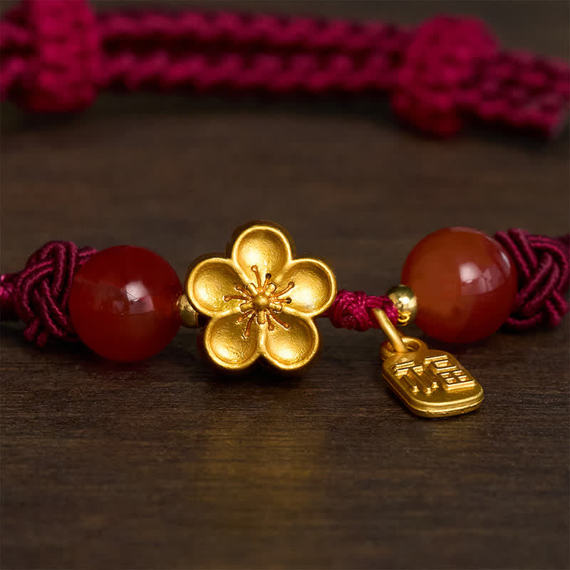 Copper Peach Blossoms Fu Character Good Fortune Red String Charm Bracelet