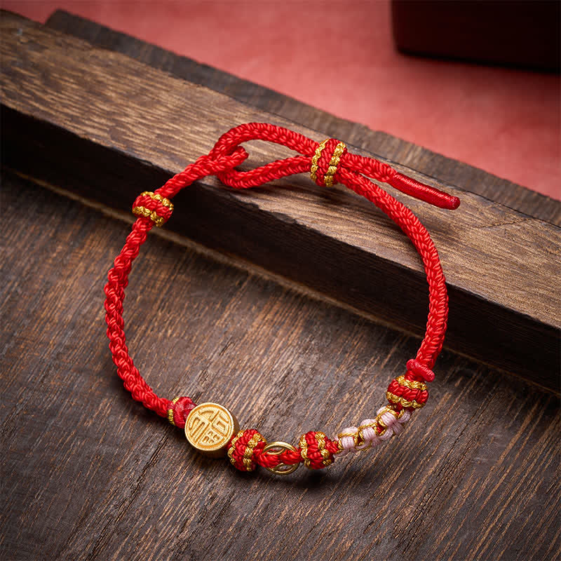 Fu Character Copper Coins Red String Blessing Bracelet
