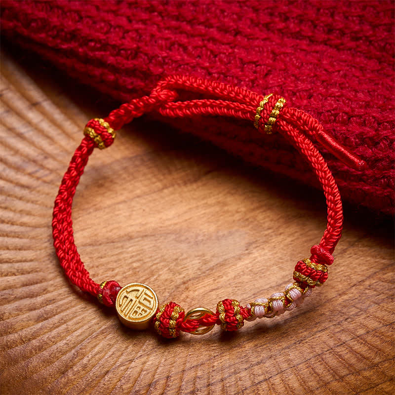 Fu Character Copper Coins Red String Blessing Bracelet