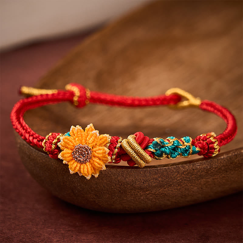 Hand-Woven Red String Peach Blossom Sunflower Luck Bracelet